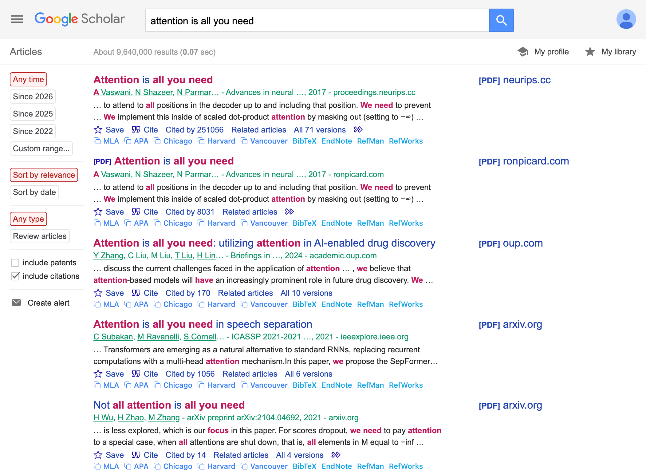 Google Scholar results with RefCopy: highlighted search terms and one-click MLA, APA, Chicago, Harvard, Vancouver, BibTeX, and EndNote citation buttons under each result