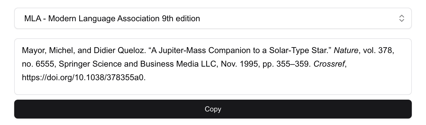 RefCopy showing a formatted MLA reference with a Copy button