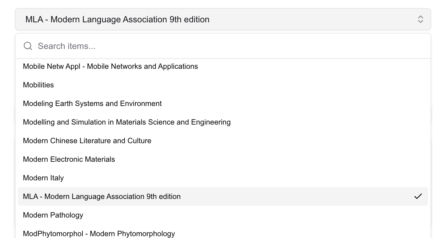 The RefCopy style menu open, searching a list of more than 10,000 citation styles